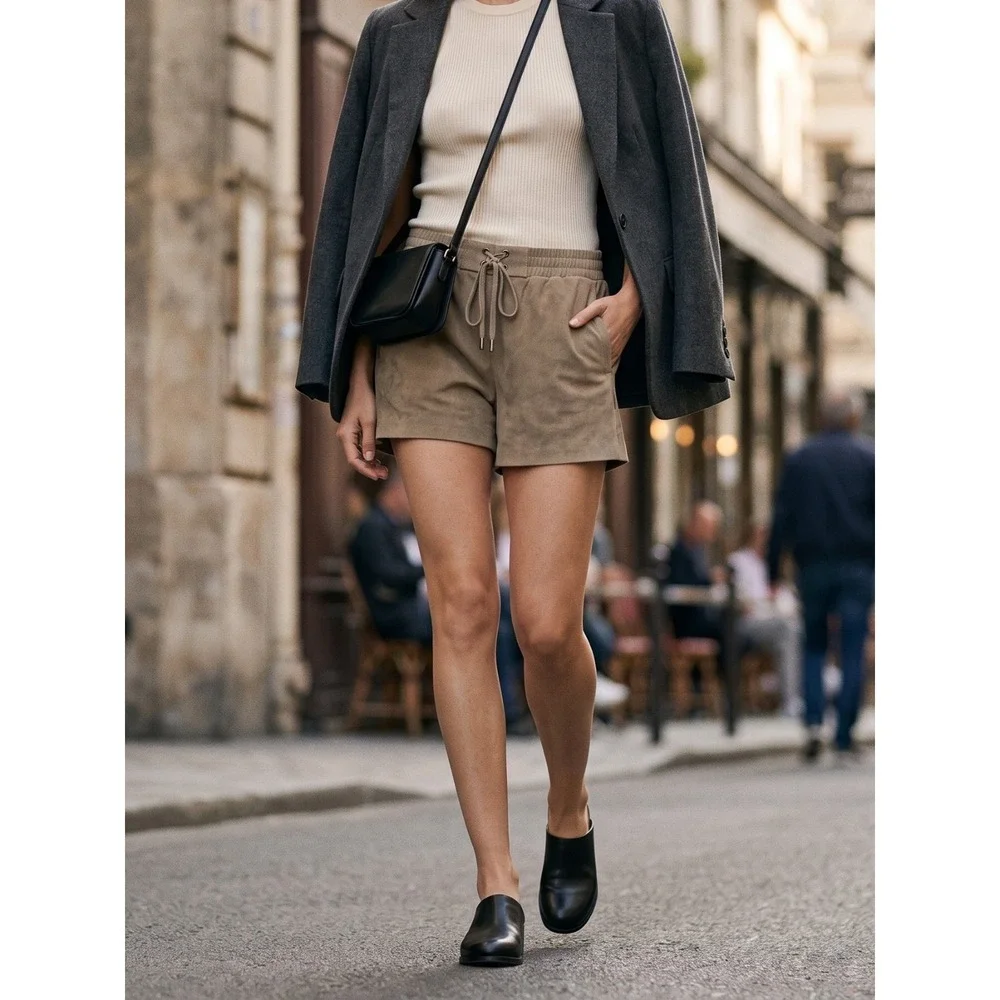 Vince Suede Leather Drawstring Boxer Shorts Concrete Beige NWT Size S $425 - Picture 2 of 11